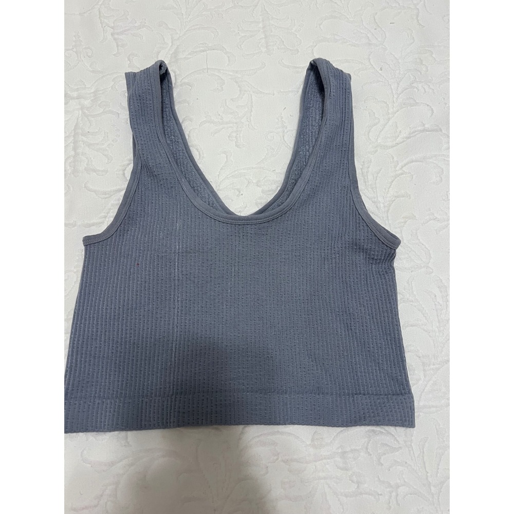 By Together Women Blue Ribbed Seamless V-Neck Crop Tank Top S/M